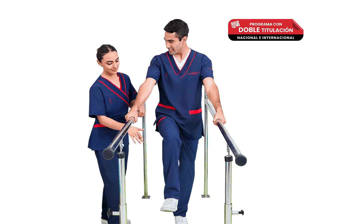 Dos estudiantes de la carrera en Fisioterapia realizando prácticas en el laboratorio de Estructuras y Función.